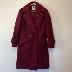 Nine West maroon boucle knee length coat, size XS